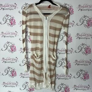 Chan Luu Striped Beige and White Women's Sweater zip up long pockets